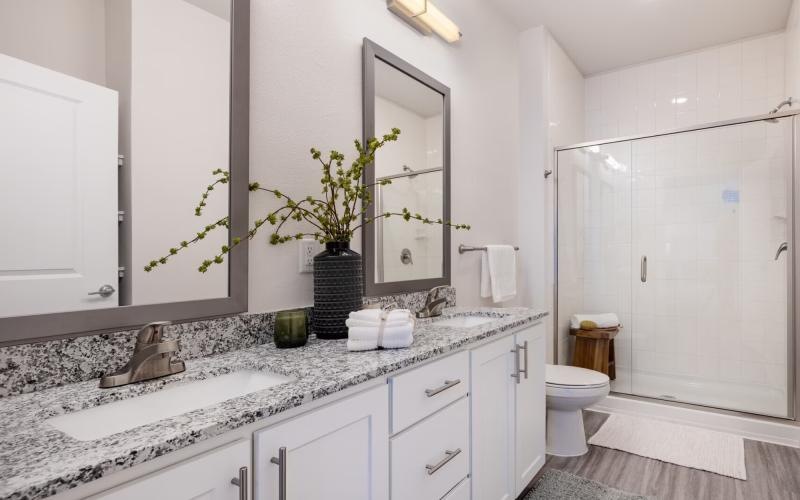 a bathroom with a marble countertop
